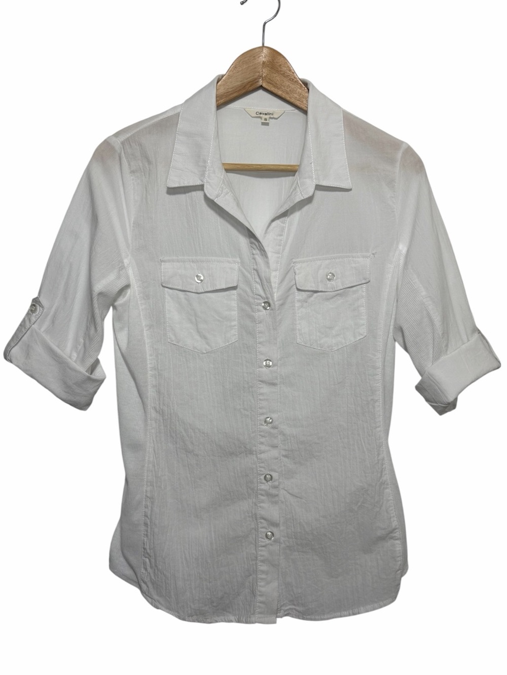 Cavalini Womens White Crinkle Button Roll Tab Shirt Size S Chest Pockets Casual